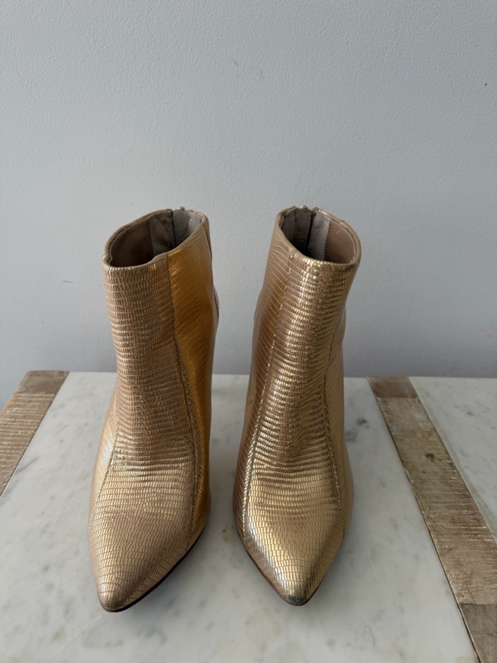 BCBGMaxAzria Runway Metallic Gold Pointed-Toe Ankle Booties